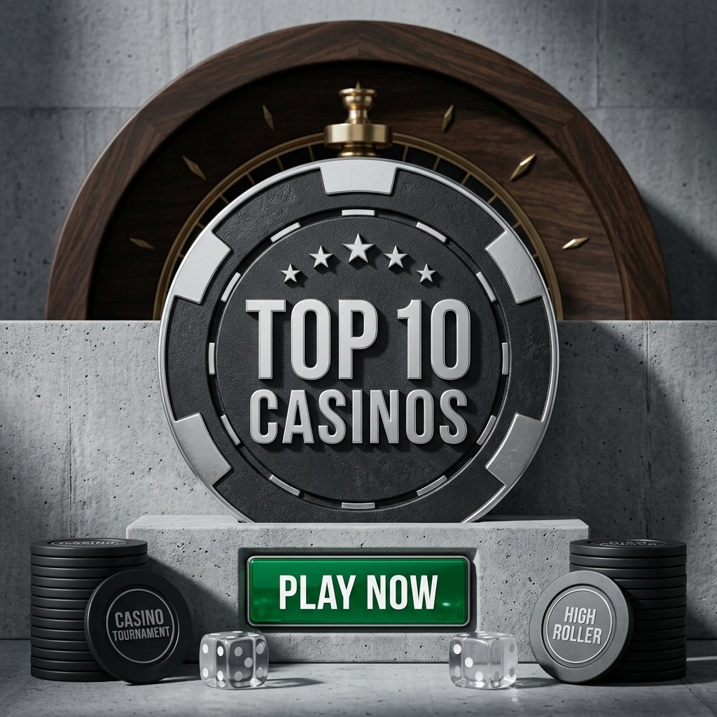 KeysEstate: a Top 10 Casinos chip on a stone plinth with a Play Now sign, roulette wheel, dice and chips.